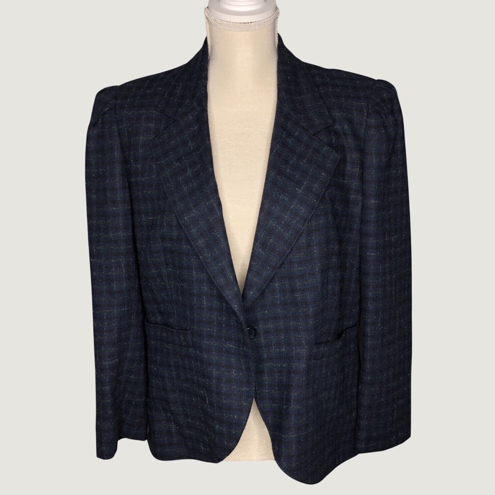 Peabody House Blazer L Navy Blue Green Plaid Vintage Single Button Career Jacket
